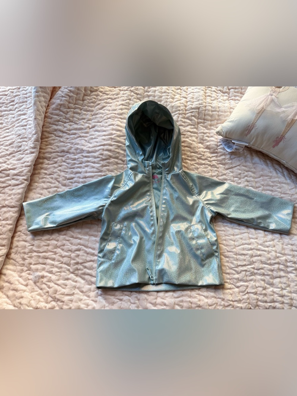 Zara Girls Shimmery Light Blue Hooded Rain Jacket